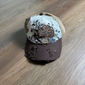Wild Wear Distressed Rhinestone Cross Baseball Cap Brown Tan Y2K Hat